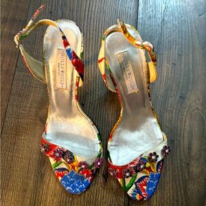 BRAND NEW Hollywould Silk Floral Slingback Heels w/ Ruby Flower Gemstone Detail